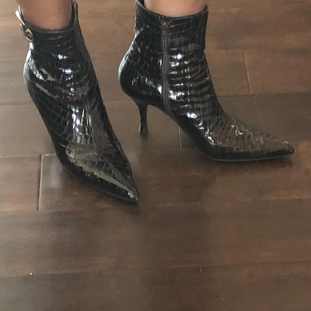 Brown patent leather boot